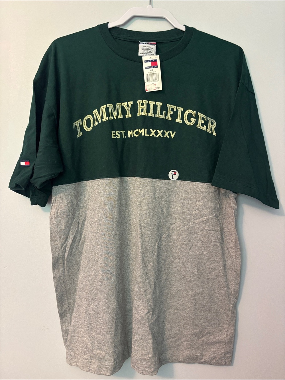 Tommy Hilfiger Green and Gray Colorblock Logo Short Sleeve Tee